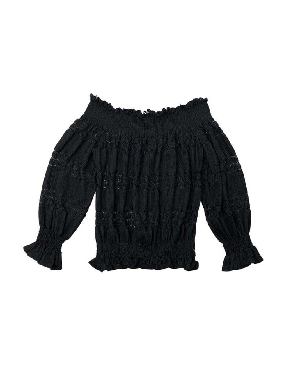 Cotton Chicks Top Womens Large Black Lace Open Knit Smocked Off Shoulder Blouse